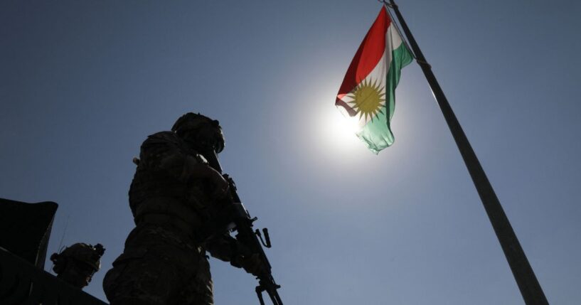 Kurdish Peshmerga fighters take position on the Qarachogh Mountain in the Makhmur district, about 60 kilometers south of Erbil, the capital of Iraq's autonomous northern Kurdish region, on Sept. 30, 2026.