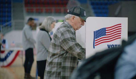 A male voter with a bulletin in hand comes to a voting booth.