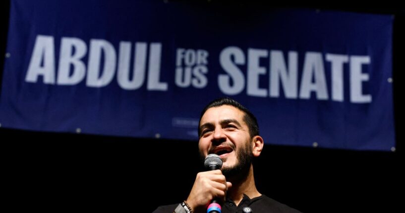 Democrat Senate candidate Abdul El-Sayed speaks during a rally at the McMorran Theater in Port Huron, Michigan, on Oct. 6, 2026.