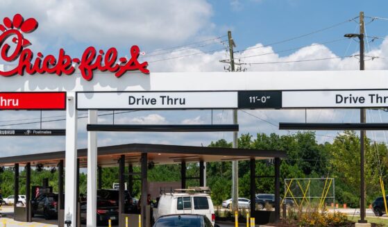 Cars are seen in the order lines on opening day at the first elevated Chik-Fil-A on Aug. 22, 2024, in McDonough, Georgia.