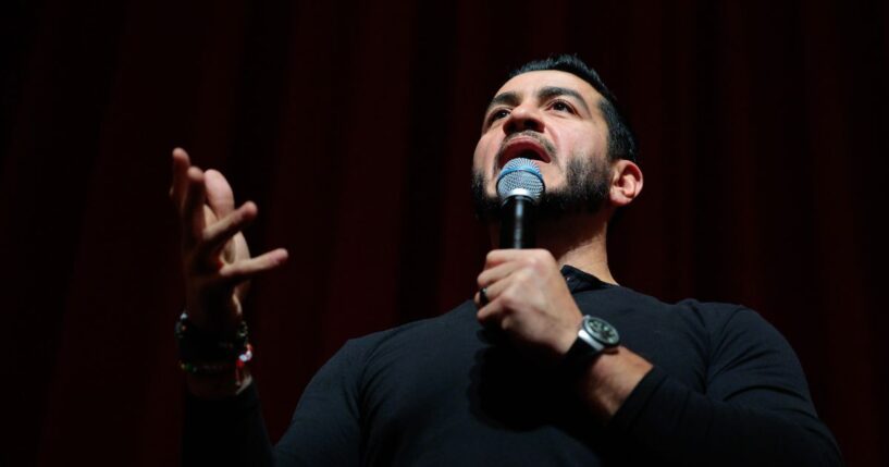 Michigan Democratic Senate candidate Abdul El-Sayed speaks during a campaign event at the Frauenthal Theater on Oct. 11, 2026, in Muskegon, Michigan.