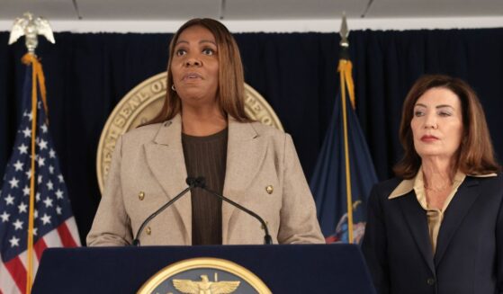 New York Attorney General Letitia James stands with New York Gov. Kathy Hochul at a news conference in Manhattan, where the governor announced a review of Cornell University’s initial response to allegations from a former student about being raped at a campus fraternity in 2024 on Oct. 2, 2026, in New York City.