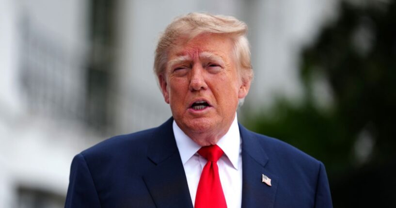 President Donald Trump speaks to members of the media as he departs the White House on the South Lawn on Oct. 10, 2026, in Washington, D.C.