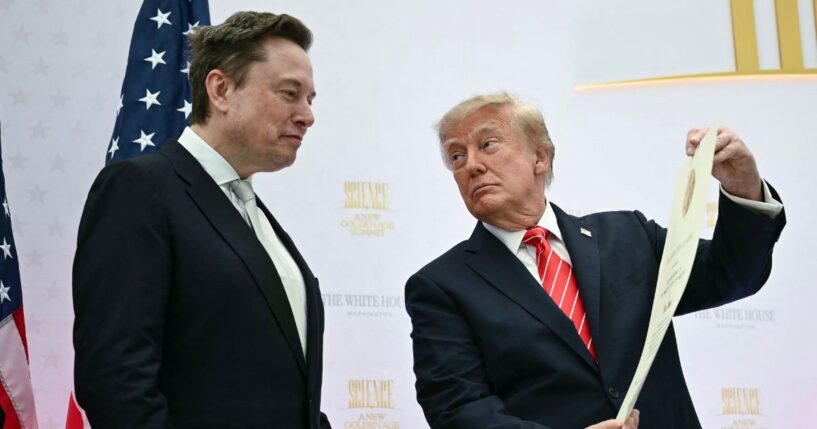 President Donald Trump presents the National Medal of Science to Elon Musk during the "Golden Age of American Innovation Summit" at the Institute of Peace in Washington, D.C., on Oct. 8, 2026.