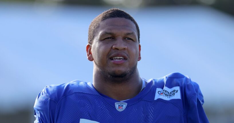 Alaric Jackson of the Los Angeles Rams looks on during the Los Angeles Rams Training Camp at Loyola Marymount University on July 31, 2026, in Los Angeles, California.