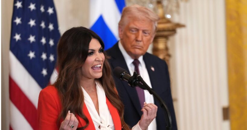 Kimberly Guilfoyle, President Donald Trump's U.S. ambassador to Greece, speaks alongside President Donald Trump during a Greek Independence Day celebration at the White House on March 24, 2025, in Washington, D.C.