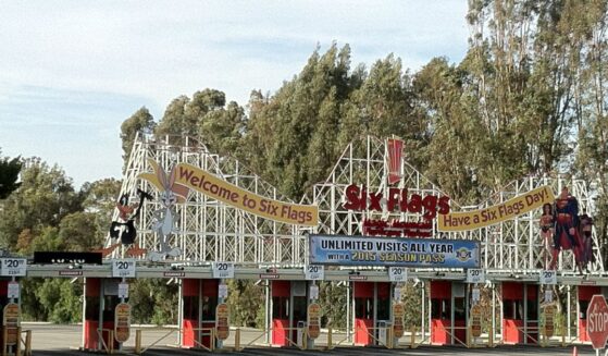 The Six Flags Magic Mountain logo sign Marquee in Los Angeles on May 29, 2015.