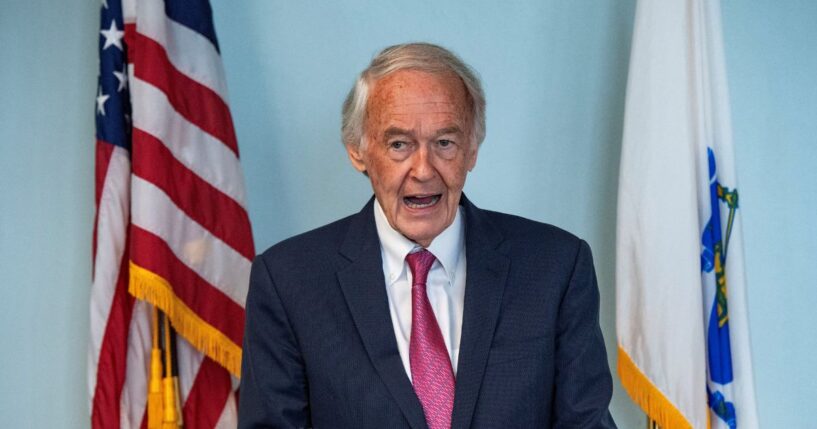 Sen. Ed Markey, a Democrat from Massachusetts, speaks during a news conference following the release of Massachusetts resident and former U.S. Marine Robert Gilman, in Boston, Massachusetts, on Aug. 11, 2026.