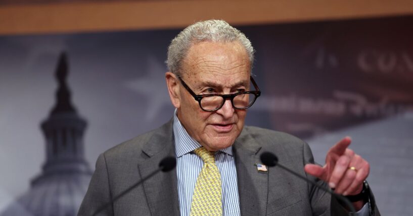 Senate Minority Leader Chuck Schumer takes a question during a press conference on China AI export controls at the U.S. Capitol on Sept. 23, 2026, in Washington, D.C.