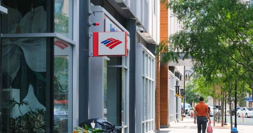 Bank of America signage at an office in Massachusetts on July 26, 2024.