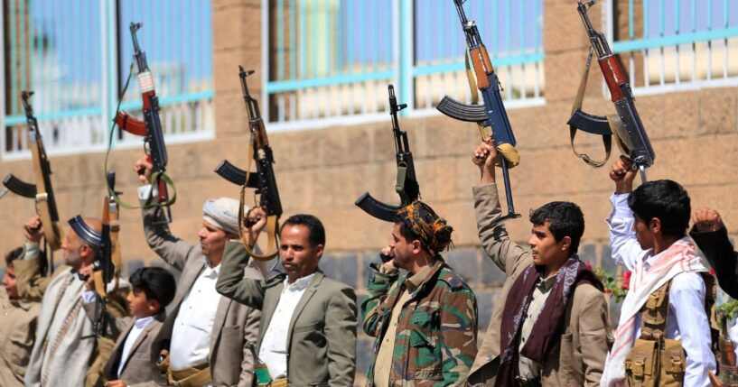 Fighters loyal to the Houthi authorities take part in a rally to recruit more fighters in Sanaa on Oct. 7, 2026.