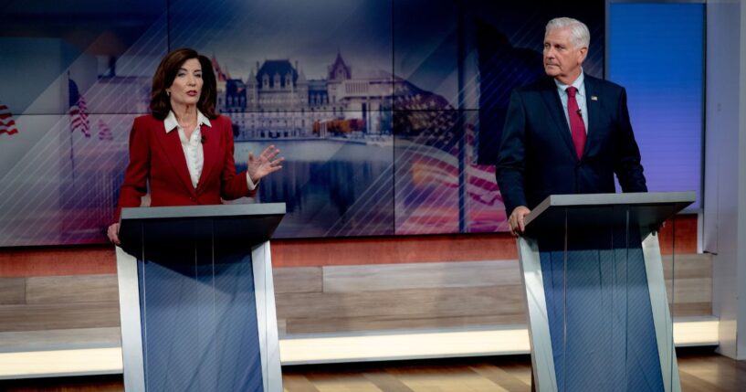 New York Gov. Kathy Hochul and Republican gubernatorial candidate Bruce Blakeman face off in the only scheduled debate ahead of the New York gubernatorial election at the Spectrum News NY1 studios on Oct. 13, 2026, in New York City.