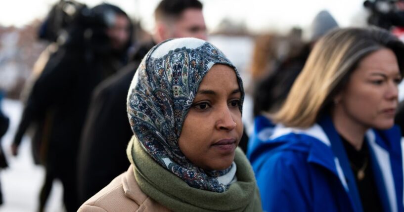 Rep. Ilhan Omar and Rep. Angie Craig arrive outside of the regional ICE headquarters at the Bishop Henry Whipple Federal Building on Jan. 10, 2026, in Minneapolis, Minnesota.