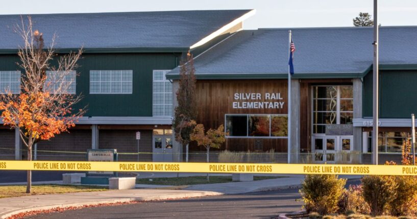 Police tape blocks access to Silver Rail Elementary School a day after a shooting at the school in Bend, Oregon, on Oct. 16, 2026.