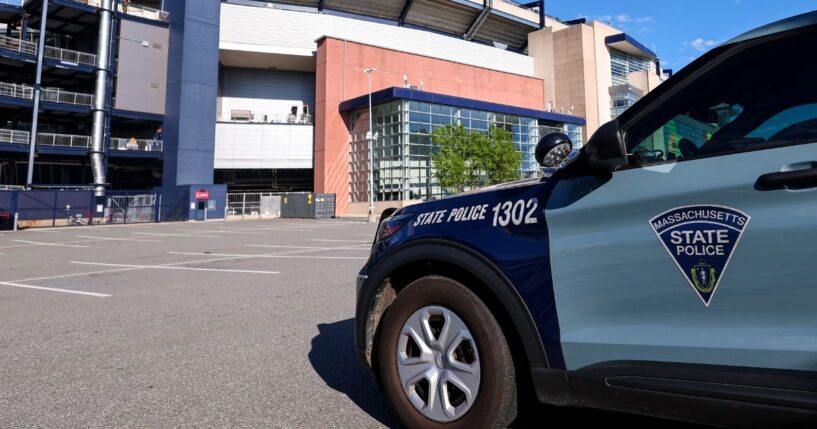A general exterior view of Boston Stadium as a Massachusetts State Police car is seen ahead of the FIFA World Cup 2026 Group C match between Haiti and Scotland at Boston Stadium on June 13, 2026, in Foxborough, United States.