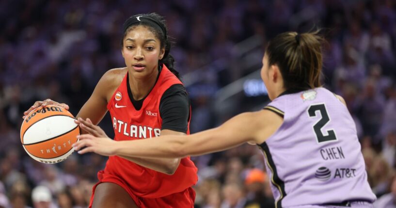 Angel Reese of the Atlanta Dream dribbles against Kaitlyn Chen of the Golden State Valkyries during the second quarter in game two of the WNBA Finals at Chase Center on Oct. 19, 2026, in San Francisco, California.