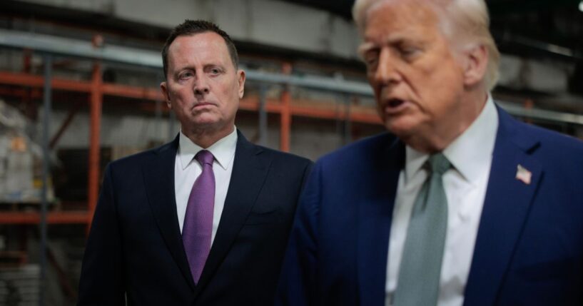 President Donald Trump speaks to the media alongside Richard Grenell, President of The Kennedy Center Board of Trustees, during a guided tour of the John F. Kennedy Center for the Performing Arts before leading a board meeting on March 17, 2025, in Washington, D.C.