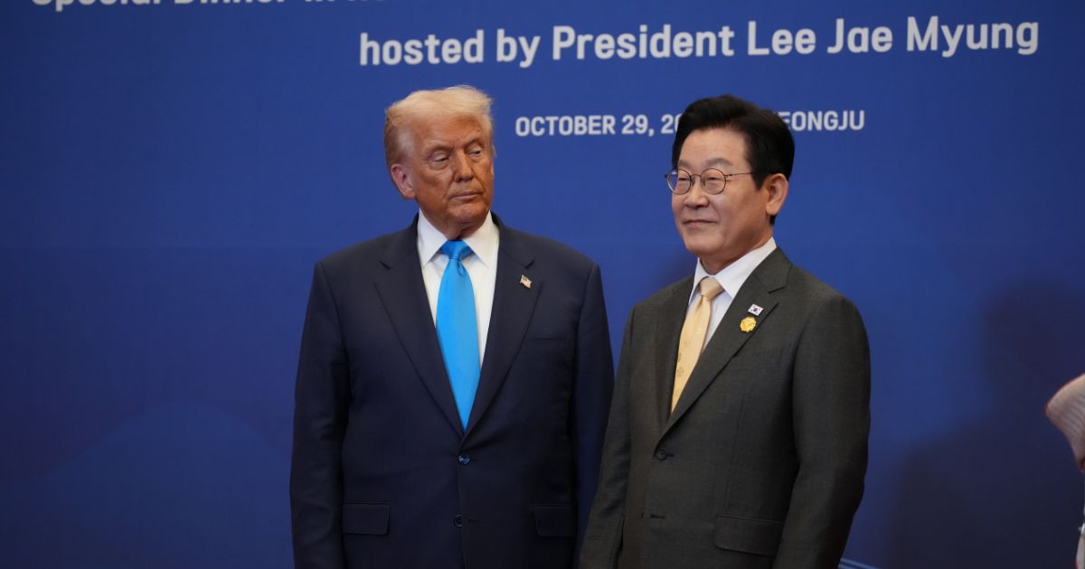 President Donald Trump stands next to South Korean President Lee Jae Myung ahead of a dinner at the Hilton Gyeongju on Oct. 29, 2025, in Gyeongju, South Korea.