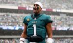 Jalen Hurts of the Philadelphia Eagles yells before a game against the Los Angeles Rams at Lincoln Financial Field on Oct. 4, 2026, in Philadelphia, Pennsylvania.