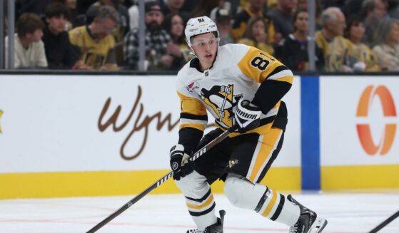 Ben Kindel of the Pittsburgh Penguins skates with the puck during the game at T-Mobile Arena on Oct. 17, 2026, in Las Vegas, Nevada.