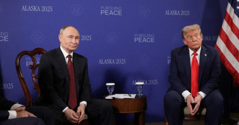 President Donald Trump and Russian President Vladimir Putin meet during a summit on Ukraine at Joint Base Elmendorf-Richardson in Anchorage, Alaska, on Aug. 15, 2025.