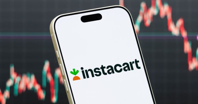 In this photo illustration, a smartphone displays the logo of Maplebear Inc., the parent company of Instacart, an American online grocery delivery and technology platform, on July 29, 2026, in Shenzhen, Guangdong Province, China.