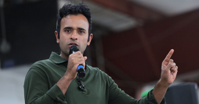 Ohio Republican gubernatorial candidate Vivek Ramaswamy speaks during the Darke County Republican Party Hog Roast on Oct. 18, 2026, in Greenville, Ohio.