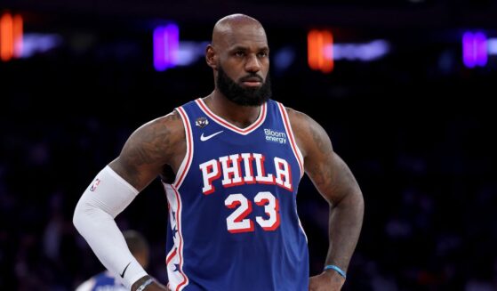LeBron James of the Philadelphia 76ers looks on during the second quarter of the game against the New York Knicks at Madison Square Garden on Oct. 20, 2026, in New York City.