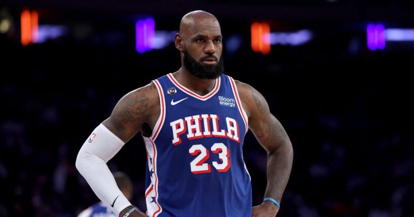 LeBron James of the Philadelphia 76ers looks on during the second quarter of the game against the New York Knicks at Madison Square Garden on Oct. 20, 2026, in New York City.
