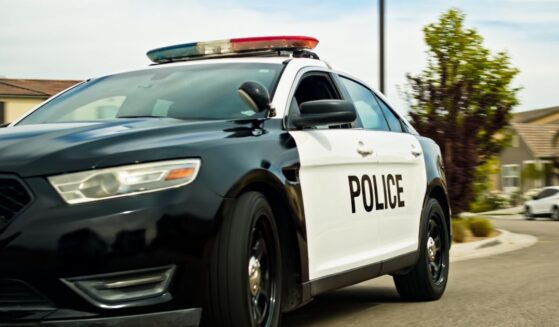 A locked off shot of a police car in a Californian suburb on a mostly clear day.
