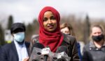 Rep. Ilhan Omar speaks during a press conference at a memorial site for Daunte Wright in Brooklyn Center, Minnesota, on April 20, 2021.