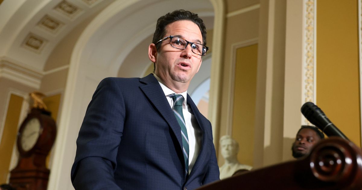 Sen. Brian Schatz speaks to reporters after a weekly policy luncheon with Senate Democrats at the U.S. Capitol Building on Aug. 4, 2026, in Washington, D.C.