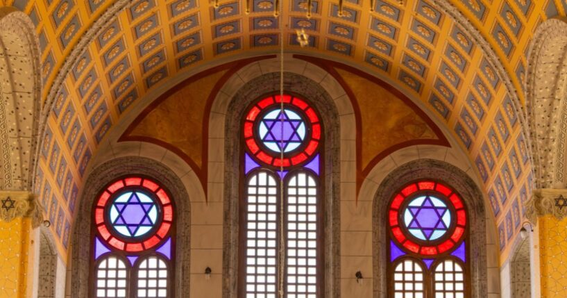 A Star of David symbol in stained glass windows inside the Grand Synagogue of Edirne, Türkiye’s largest synagogue and Europe’s third largest.