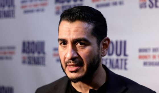 Democrat Senate candidate Abdul El-Sayed speaks with reporters after a rally at the McMorran Theater in Port Huron, Michigan, on Oct. 6, 2026.