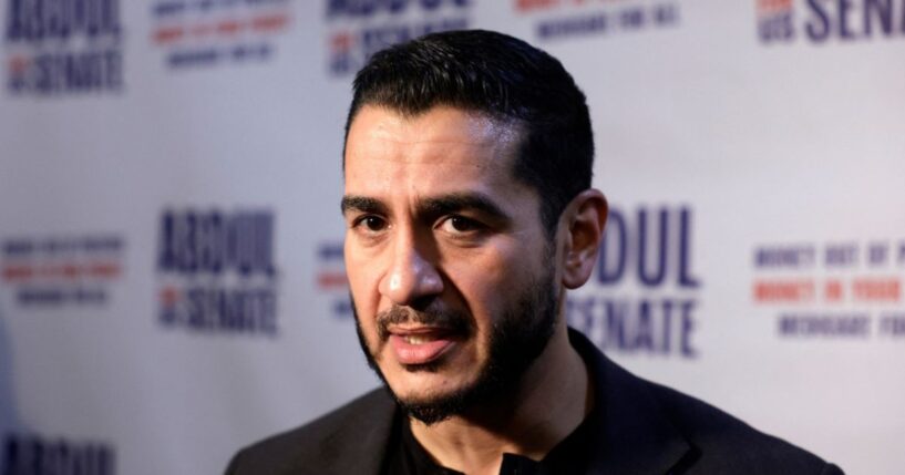 Democrat Senate candidate Abdul El-Sayed speaks with reporters after a rally at the McMorran Theater in Port Huron, Michigan, on Oct. 6, 2026.