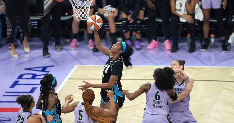 Angel Reese of the Atlanta Dream shoots over Kayla Thornton of the Golden State Valkyries during the second quarter in game five of the WNBA Finals at Chase Center on Oct. 26, 2026, in San Francisco, California.