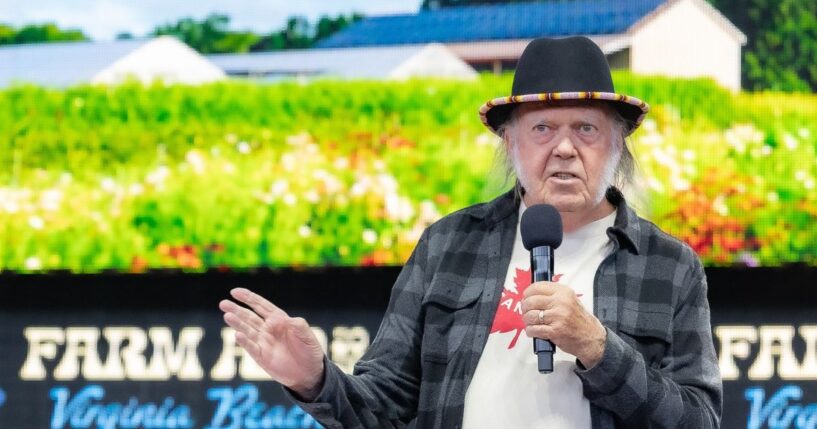 Neil Young participates in a press conference during Farm Aid 2026 at Veterans United Home Loans Amphitheater on Sept. 26, 2026, in Virginia Beach, Virginia.