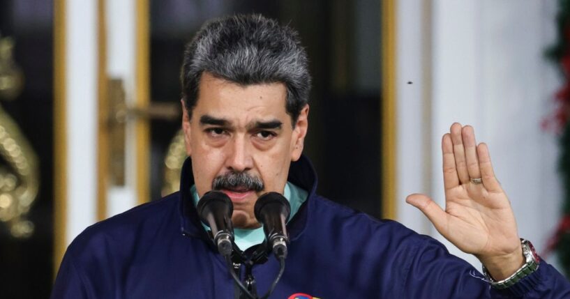 Venezuelan President Nicolás Maduro speaks during a march as part of the "Venezuelan Student Day" at Miraflores on Nov. 21, 2025, in Caracas, Venezuela.