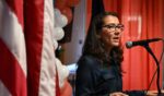 Rep. Mary Peltola speaks in support of the people on Alaska's western coast impacted by a powerful storm and flooding from the remnants of Typhoon Merbok during a campaign event at the International Brotherhood of Electrical Workers Local 1547 in Anchorage, Alaska, on Sept. 17, 2022.