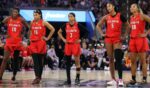 Rhyne Howard #10, Allisha Gray #15, Jordin Canada #3, Angel Reese #5 and Naz Hillmon #00 of the Atlanta Dream made a show of leaving the court during the National Anthem Saturday, as did their opponents, the Golden State Valkyries, before game one of the WNBA Finals at Chase Center in San Francisco, California.