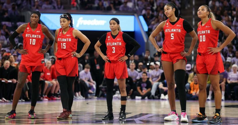 Rhyne Howard #10, Allisha Gray #15, Jordin Canada #3, Angel Reese #5 and Naz Hillmon #00 of the Atlanta Dream made a show of leaving the court during the National Anthem Saturday, as did their opponents, the Golden State Valkyries, before game one of the WNBA Finals at Chase Center in San Francisco, California.