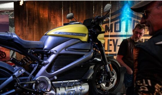 Motorcycle enthusiasts examine an electric motorcycle manufactured by Harley-Davidson displayed during the seventh edition of the annual "Morzine Harley Days" festival in Morzine, France, in a file photo dated July 13, 2019.