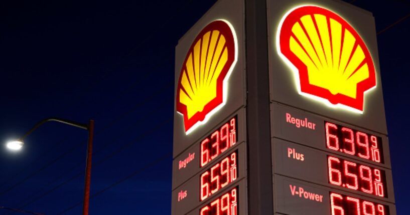 A Shell gas station’s signage is pictured at night in Burbank, California on May 11, 2026.