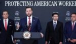 Vice President J.D. Vance, flanked by Attorney General Todd Blanche, left, and Labor Secretary Keith Sonderling and Inspector General of the U.S. Department of Labor Anthony D'Esposito, right, during a Fraud Task Force news conference Thursday in Washington, D.C.