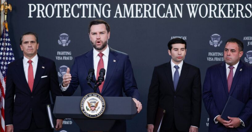 Vice President J.D. Vance, flanked by Attorney General Todd Blanche, left, and Labor Secretary Keith Sonderling and Inspector General of the U.S. Department of Labor Anthony D'Esposito, right, during a Fraud Task Force news conference Thursday in Washington, D.C.