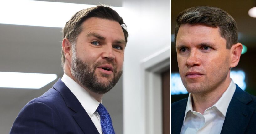 Vice President JD Vance said James Talarico, right, the Democratic candidate in the Texas Senate race, has "a weird focus on transgender kids and drag queens."