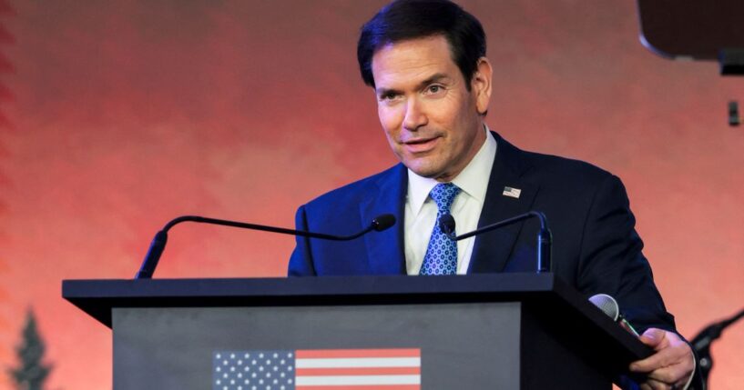 Secretary of State Marco Rubio speaks Tuesday during the Freedom 250 reception at the Jio World Convention Centre in Mumba, Indiai.