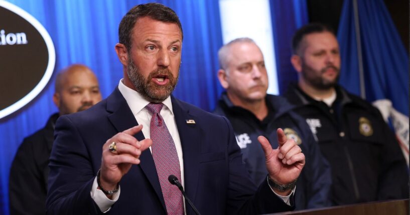 Secretary of Homeland Security Markwayne Mullin speaks during a news conference Friday at U.S. Immigration and Customs Enforcement headquarters in Washington, D.C.