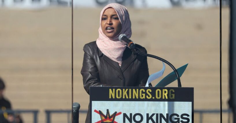 Democrat Congresswoman Ilhan Omar speaks at a "No Kings" rally in St. Paul, Minnesota, on March 28, 2026.