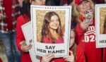 Supporters of President Donald Trump hold up pictures of Laken Riley on March 9, 2024 in Rome, Georgia, after she was murdered by an illegal immigrant.